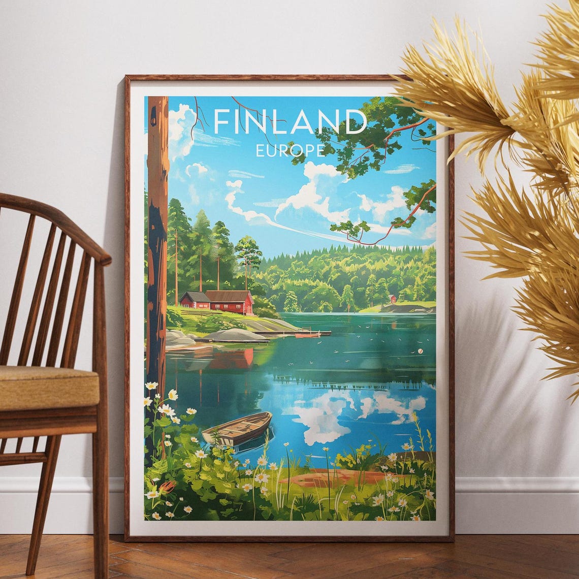 Finland Europe Lake Travel Poster Red Cabin Rowboat Pines Wall Decor
