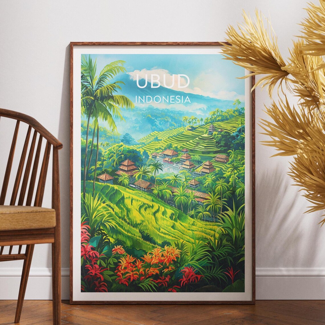 Ubud Bali Indonesia Rice Terraces Palm Jungle Vintage Travel Poster