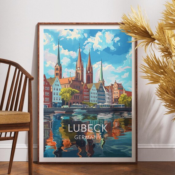 Lubeck Germany Waterfront Travel Poster Harbor Churches Wall Decor