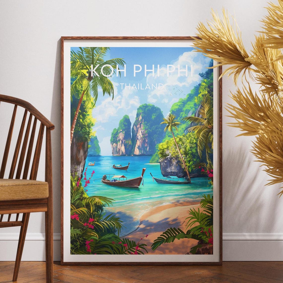 Koh Phi Phi Thailand Longtail Boats Tropical Beach Travel Poster