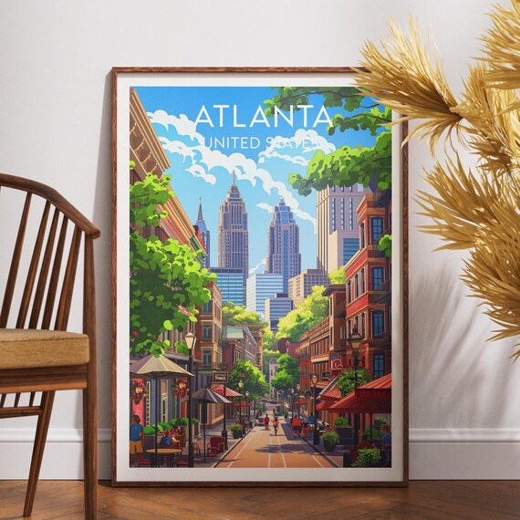 Atlanta Downtown Street Skyline Cafes Sunny Vintage Travel Poster