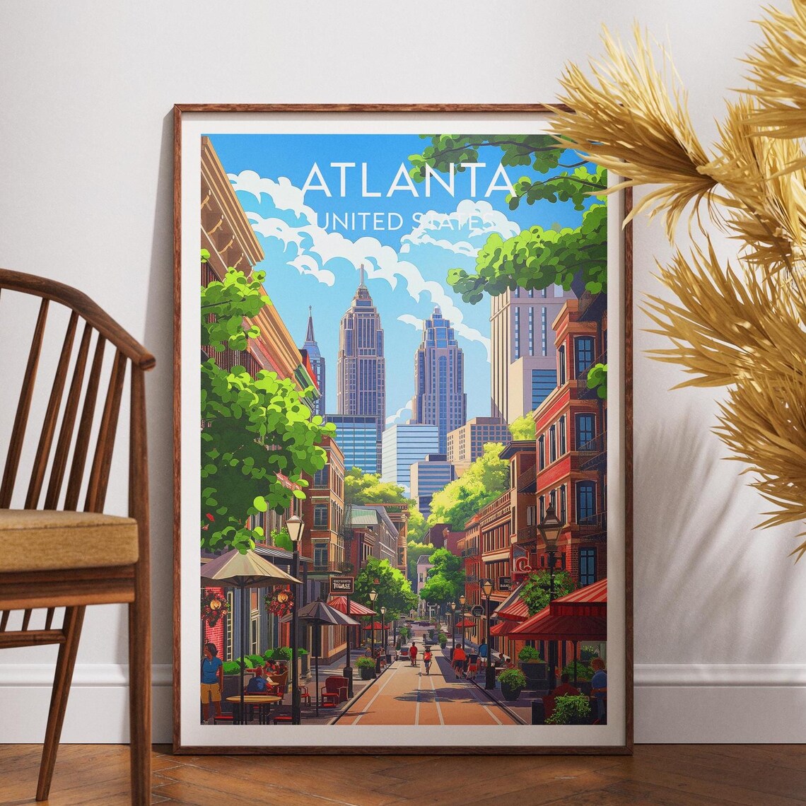 Atlanta Downtown Street Skyline Cafes Sunny Vintage Travel Poster