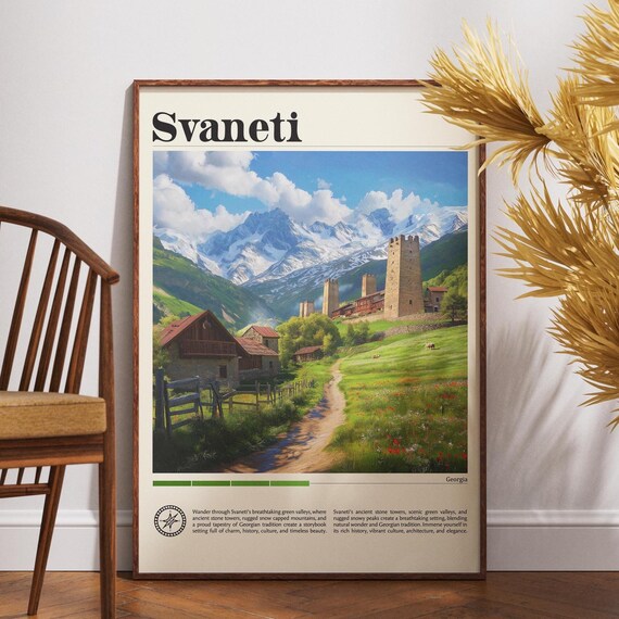 Svaneti Georgia Travel Poster Stone Towers Green Valley Snowy Peaks Art