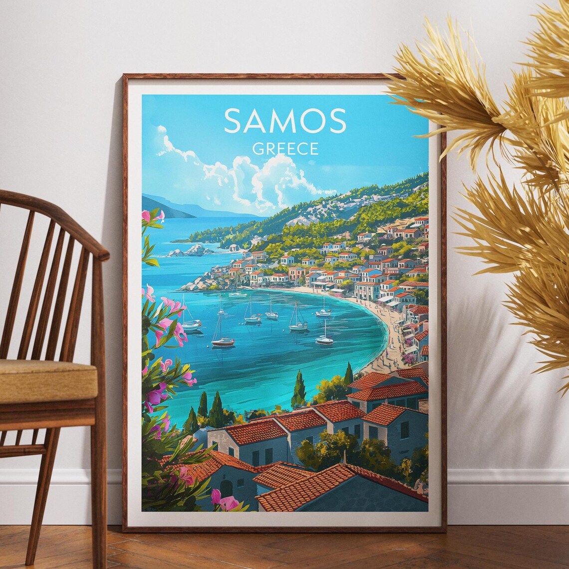 Samos Greece Curved Beach Bay Sailboats Vintage Travel Poster