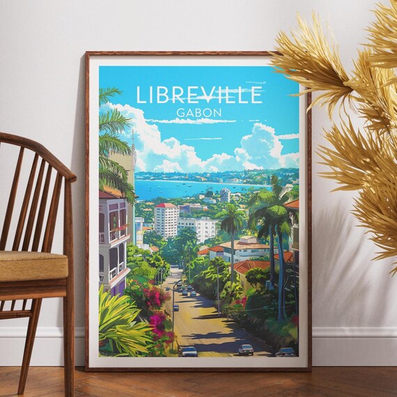 Libreville Gabon Tropical City Coastline Vintage Travel Poster
