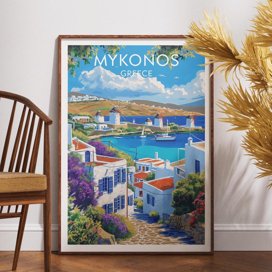 Mykonos Greece Whitewashed Town Windmills Harbor Island Travel Poster