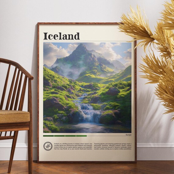 Iceland Waterfall Green Mountain Valley Nordic Landscape Travel Poster