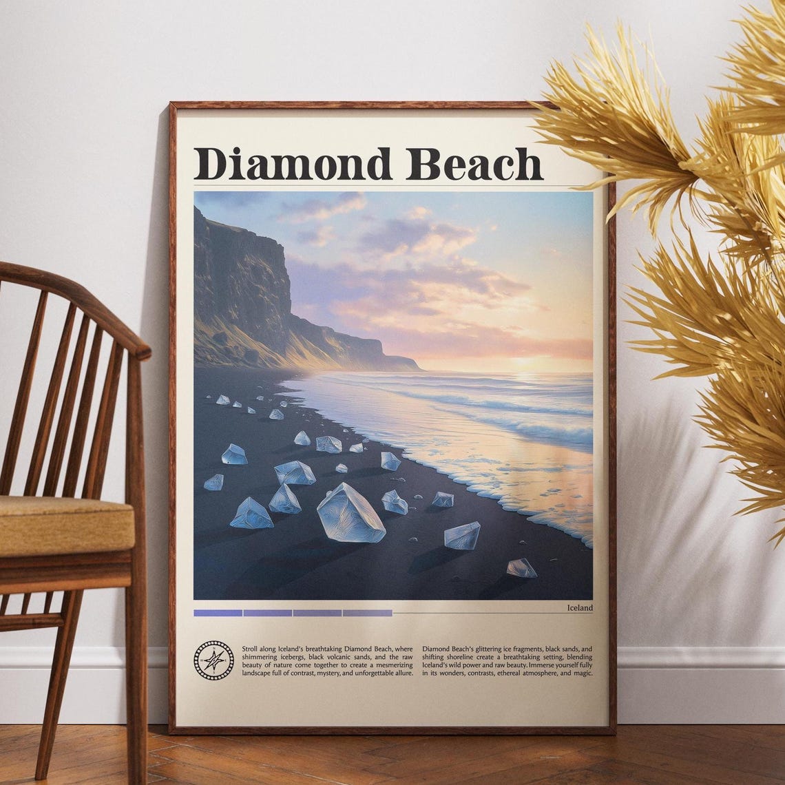 Diamond Beach Iceland Black Sand Ice Chunks Sunset Travel Poster