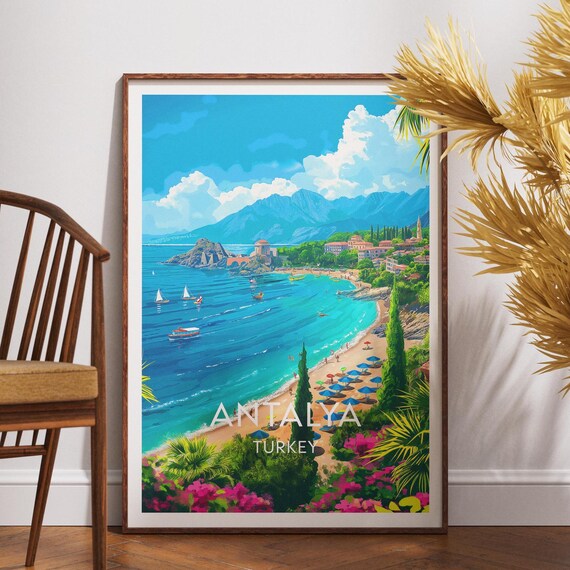 Antalya Turkey Beach Turquoise Sea Coastal Scene Travel Poster