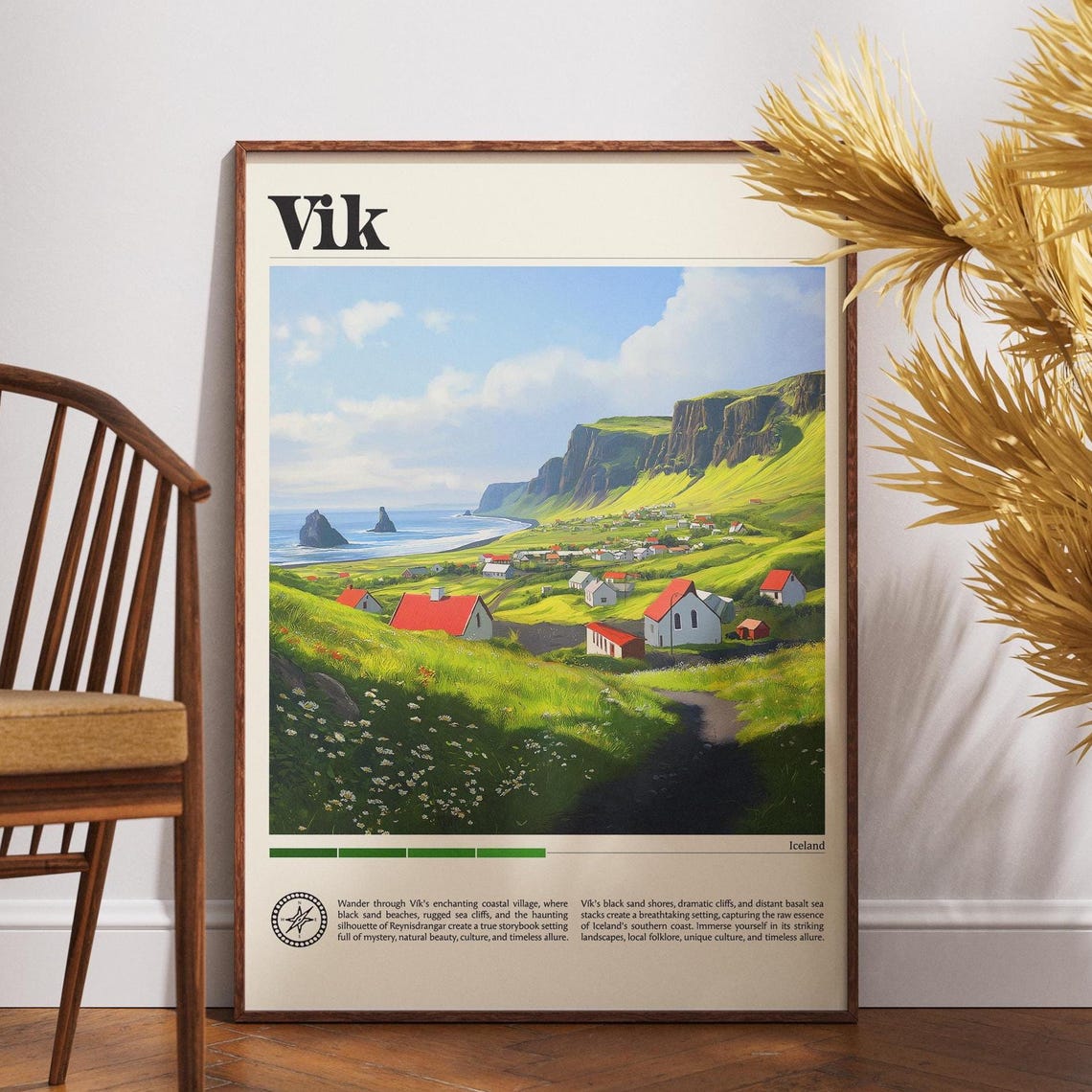 Vik Iceland Coastal Village Green Cliffs Vintage Travel Poster