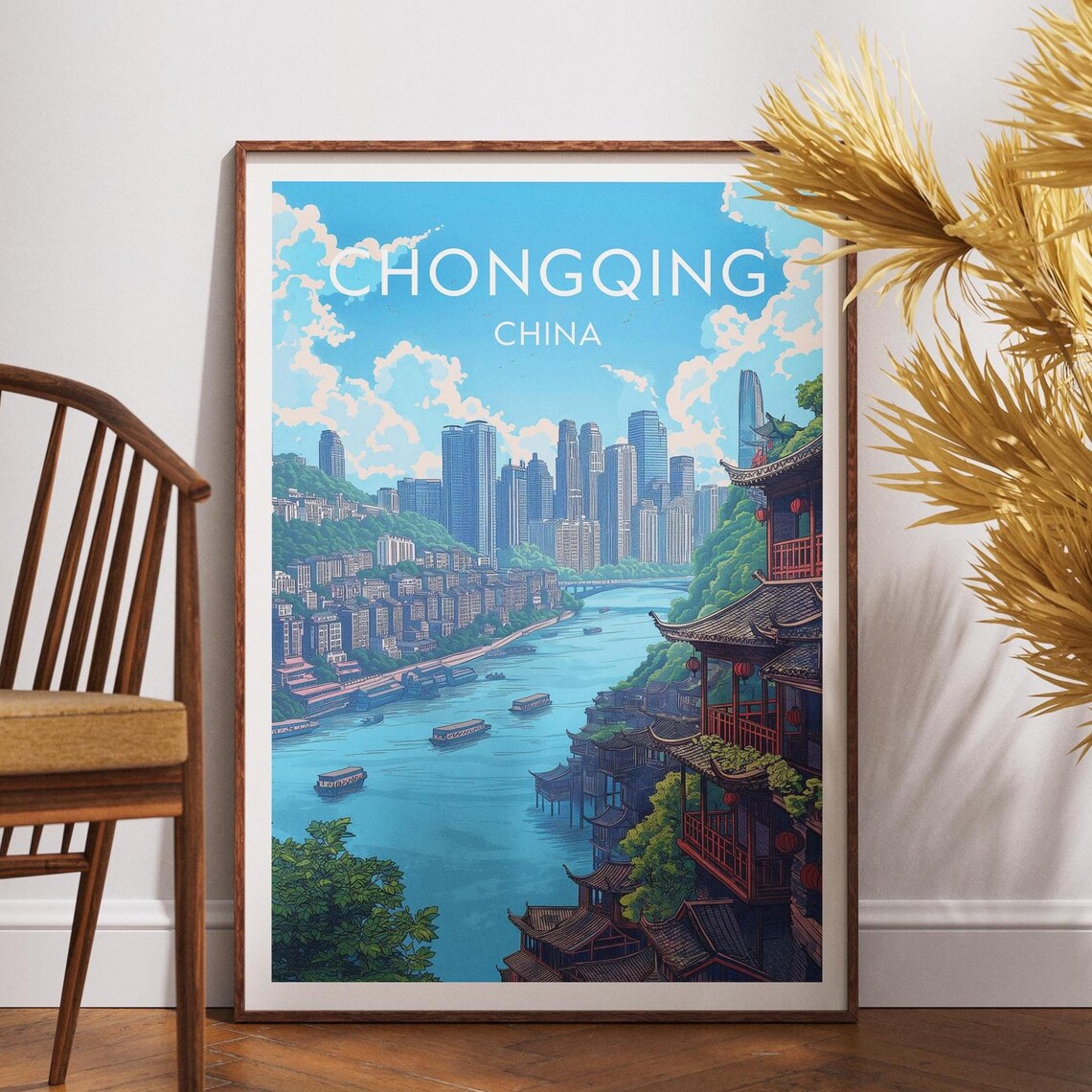 Chongqing China Travel Poster Hongya Cave Riverside Skyline Scenery