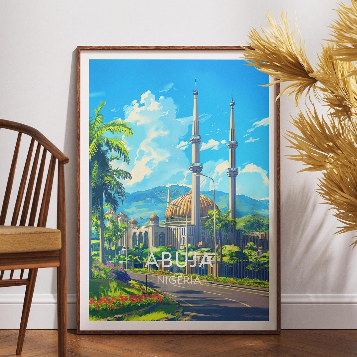 Abuja Nigeria Grand Mosque Palms Gardens Retro Travel Poster