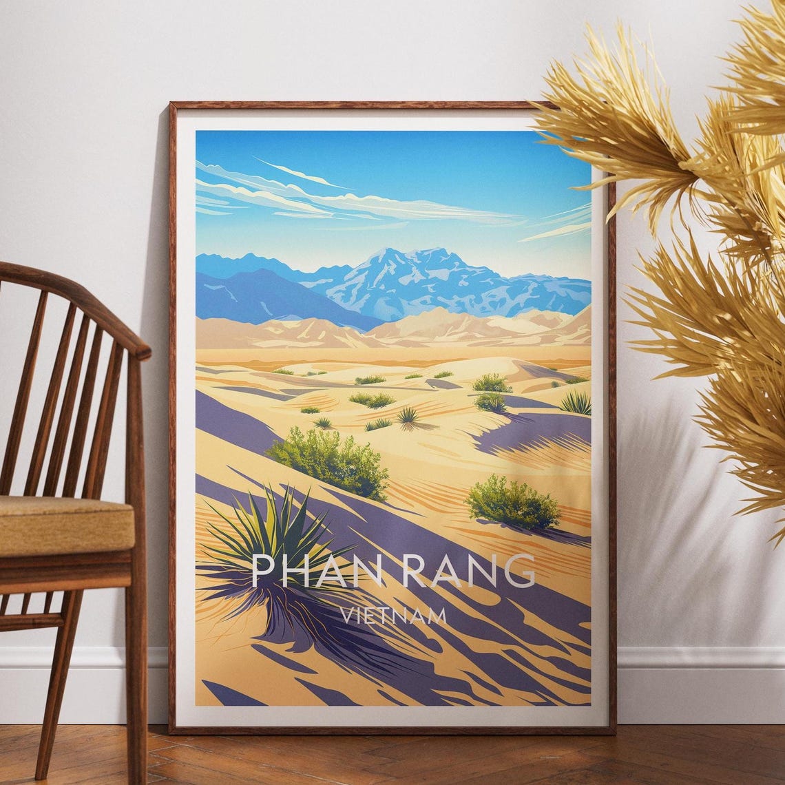 Phan Rang Vietnam Desert Dunes Shrubs Mountain Scenic Travel Poster
