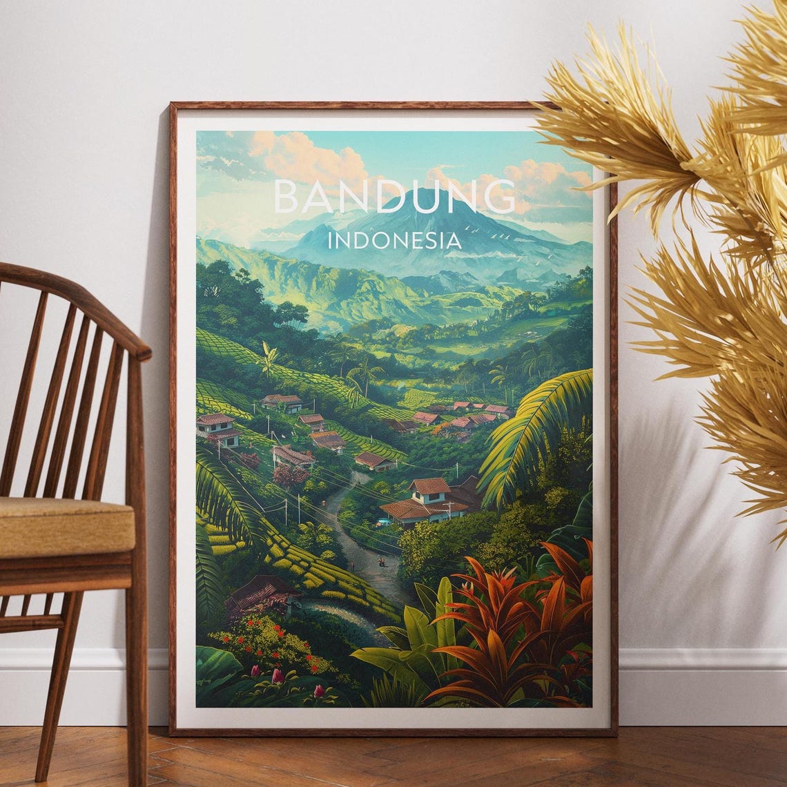 Bandung Indonesia Travel Poster Tea Plantations Volcano Mountain