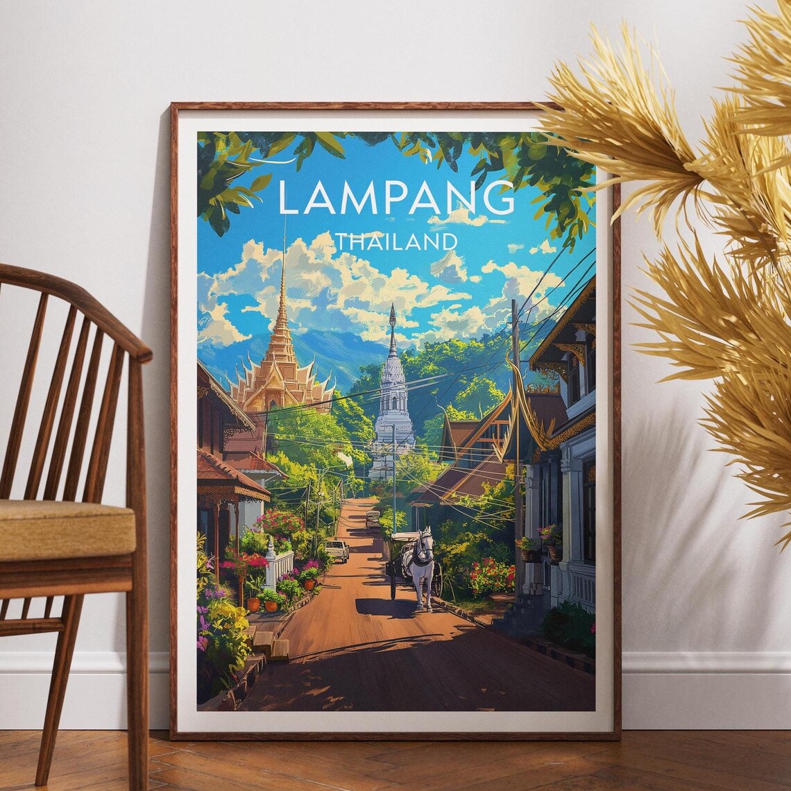 Lampang Thailand Temple Street Horse Carriage Old Town Art Poster