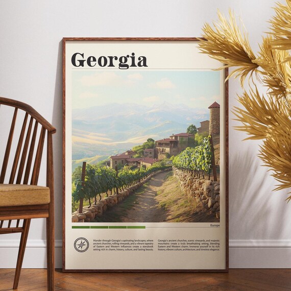 Georgia Country Travel Poster Vineyard Village Mountains Wine Region Art