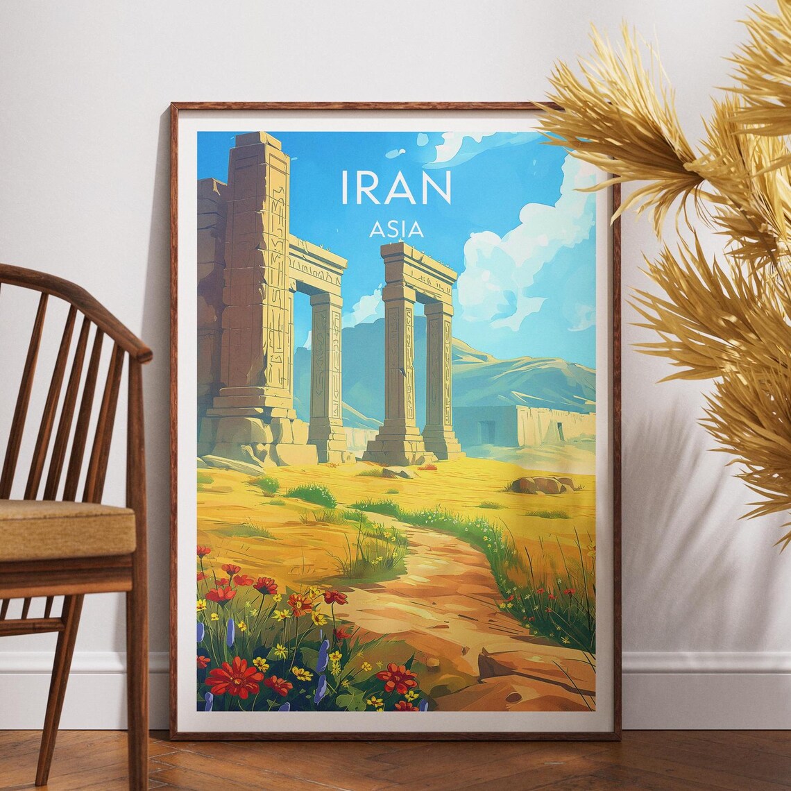Iran Asia Persepolis Ancient Ruins Golden Vintage Travel Poster