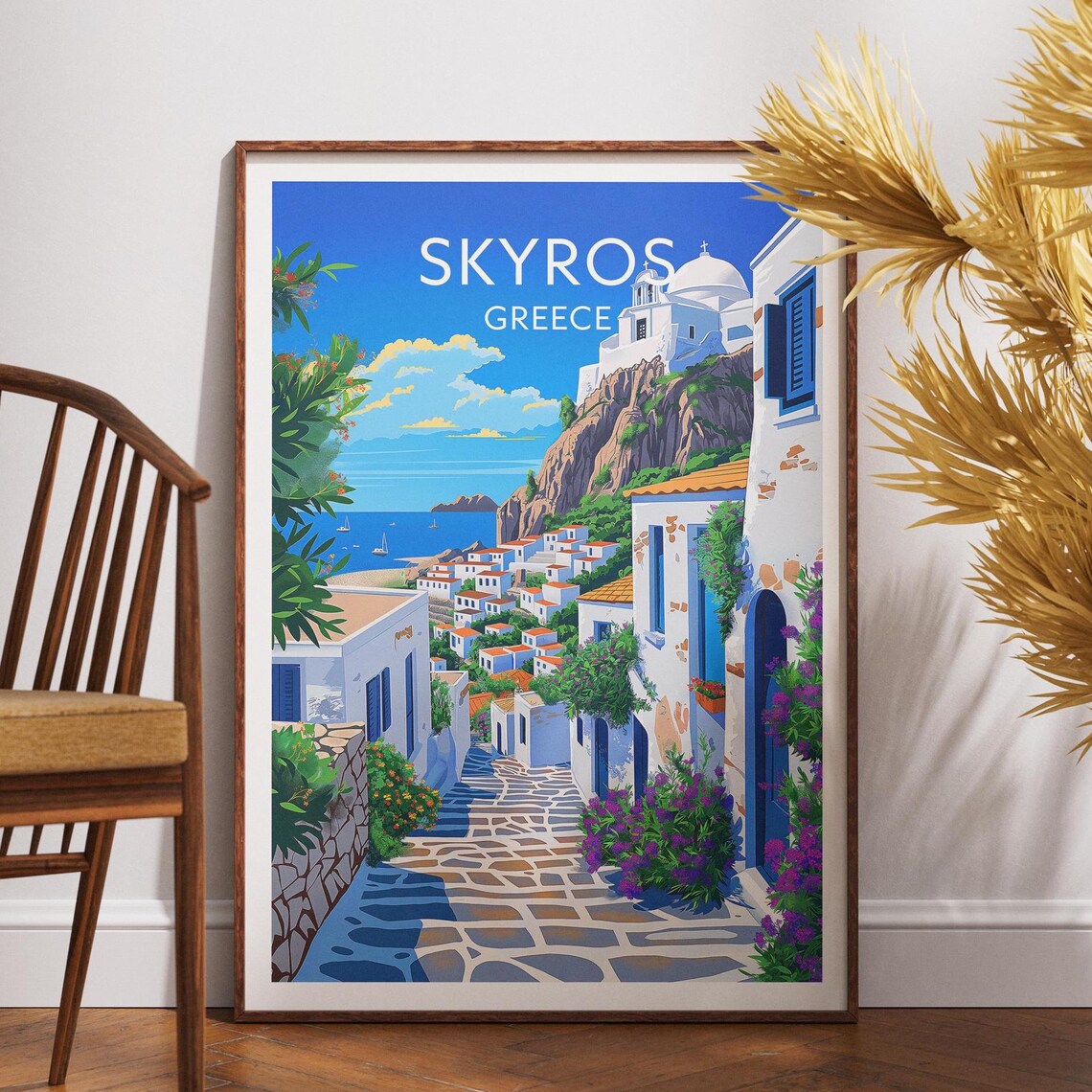 Skyros Greece Island Village Cobblestone Street Vintage Travel Poster
