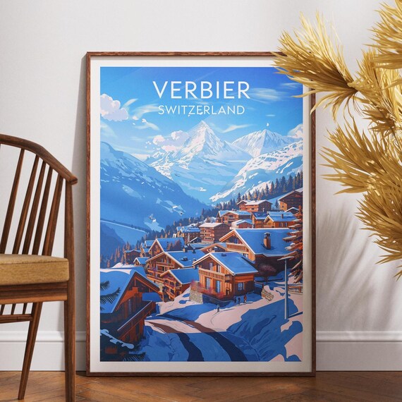 Verbier Switzerland Ski Chalets Snowy Peaks Winter Travel Poster