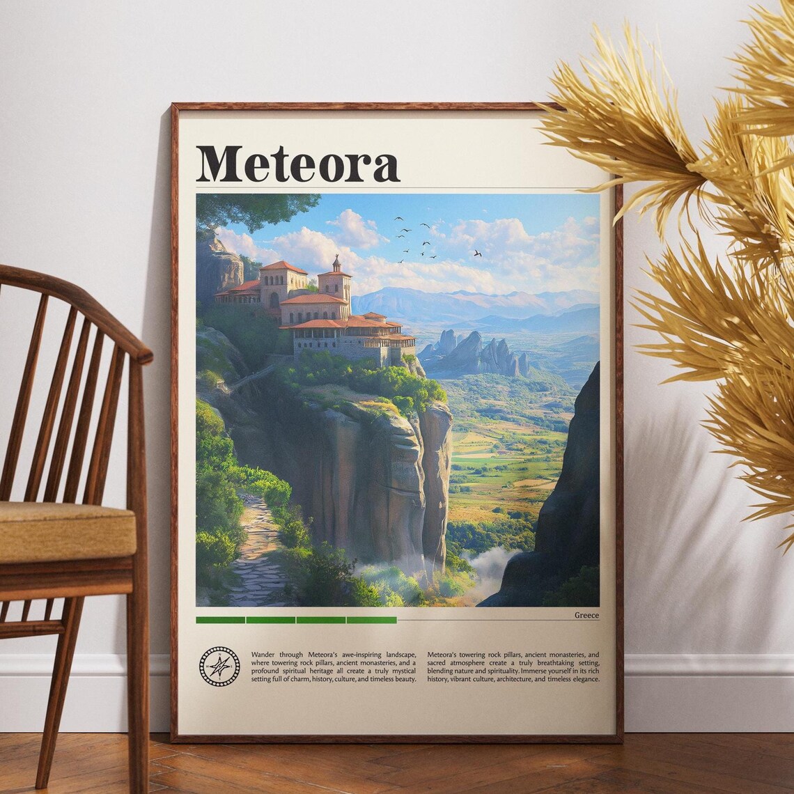 Meteora Greece Cliff Monastery Towering Rock Pillars Travel Poster