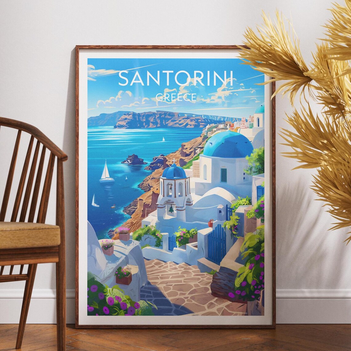 Santorini Blue Domed Churches Aegean Sea Sailboats Island Travel Poster