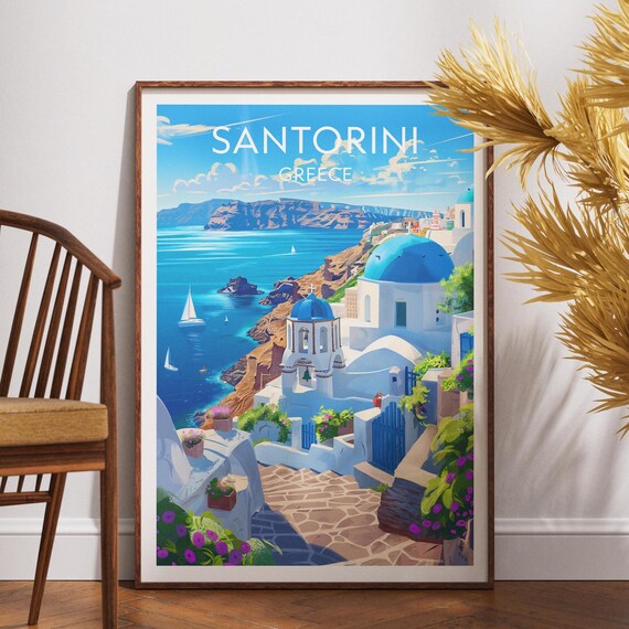 Santorini Blue Domed Churches Aegean Sea Sailboats Island Travel Poster