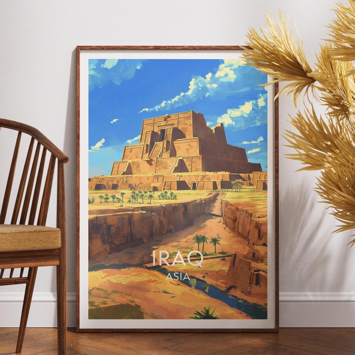 Iraq Ancient Ziggurat Desert Ruins Palm Trees Golden Sky Travel Poster