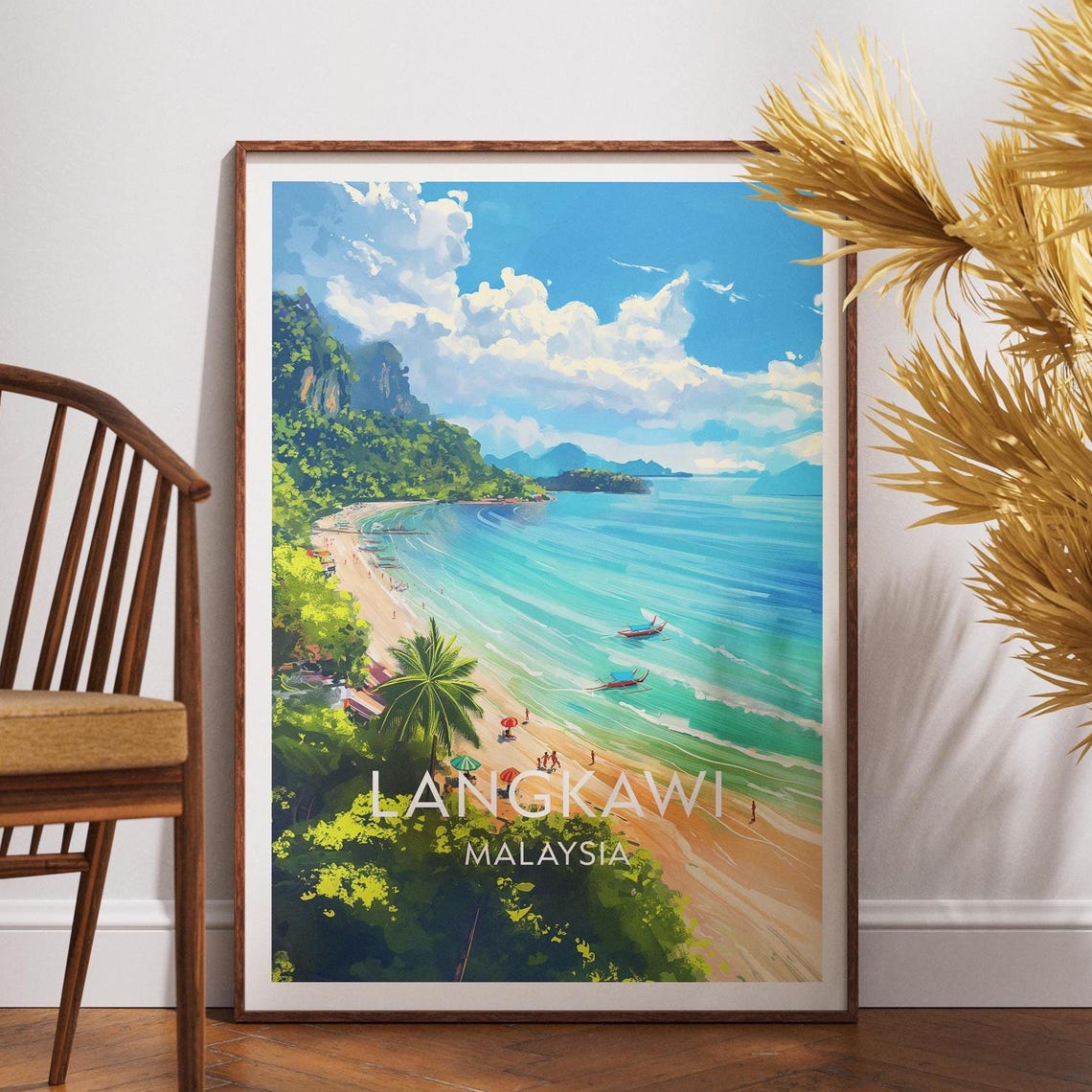 Langkawi Malaysia Tropical Beach Paradise Boats Palms Travel Poster