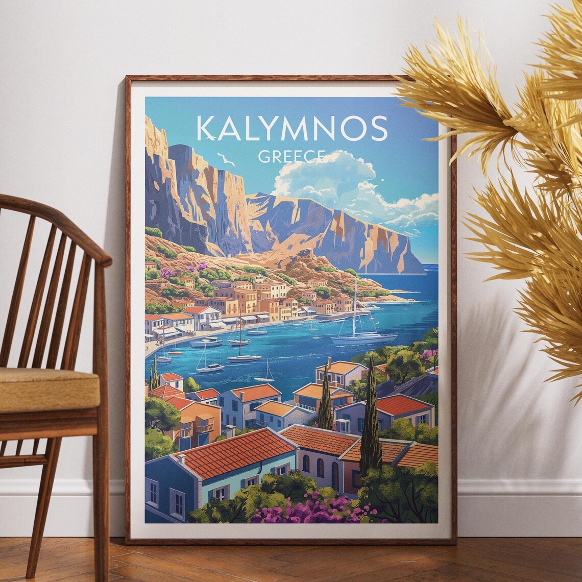 Kalymnos Greece Rock Cliffs Harbor Bay Golden Scenic Travel Poster