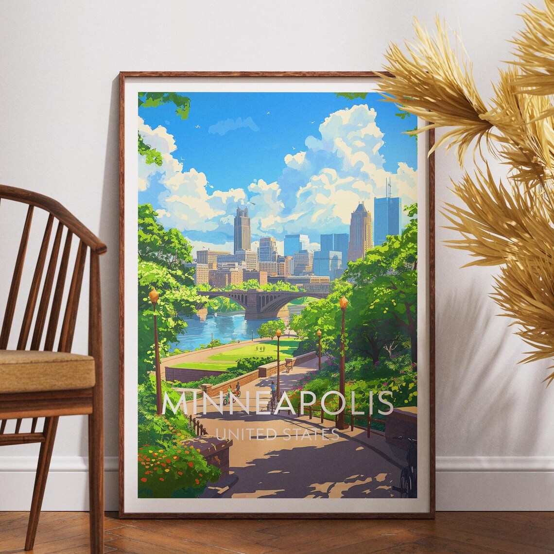 Minneapolis Mississippi River Park Path Skyline Summer Travel Poster