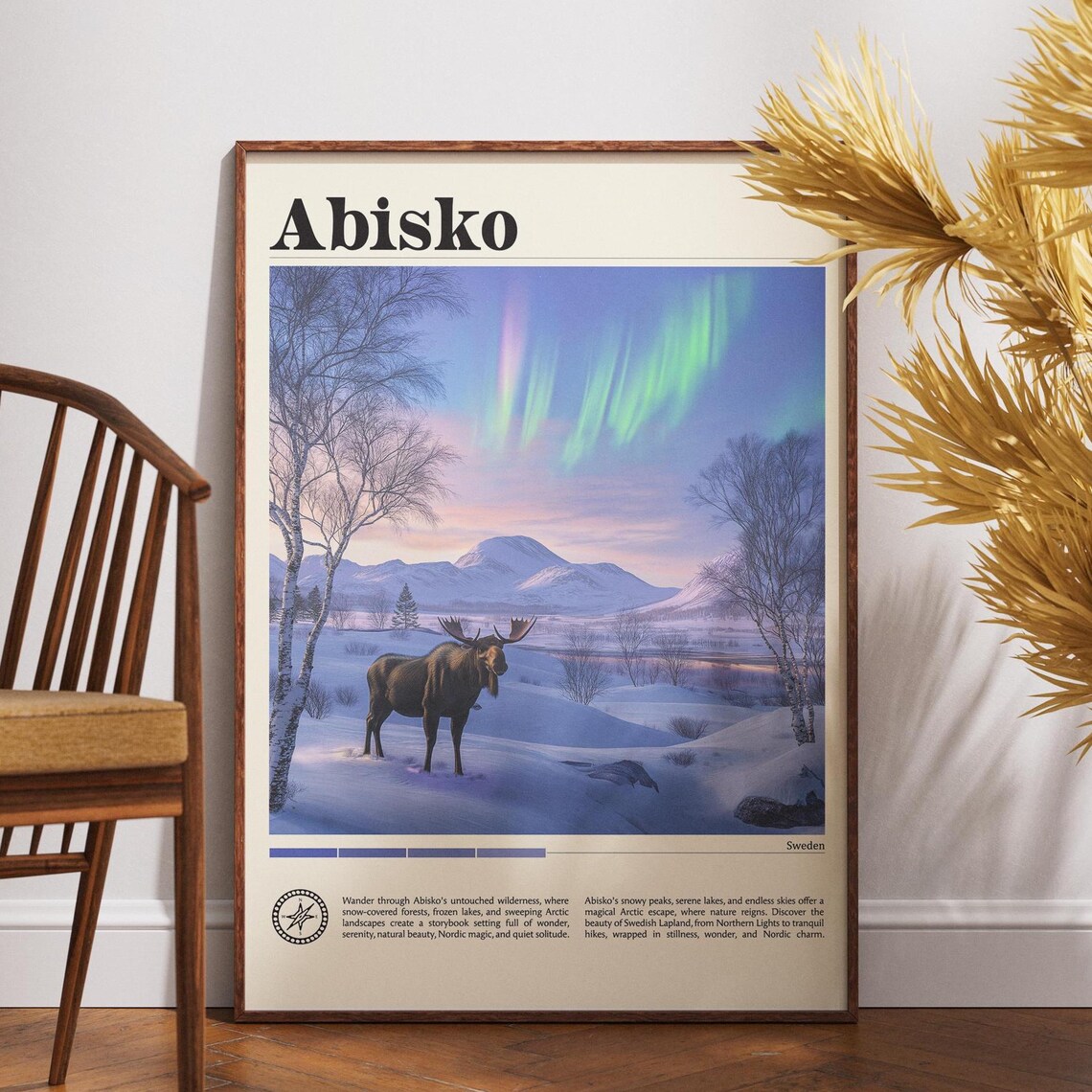 Abisko Sweden Travel Poster Northern Lights Moose Snowy Forest Scene