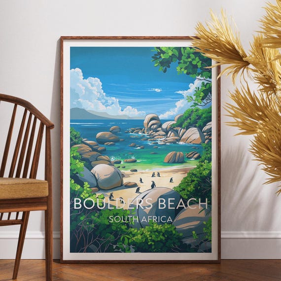 Boulders Beach Travel Print South Africa Poster Wall Art Penguins