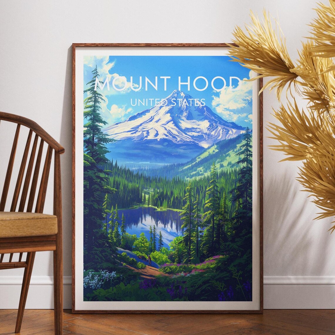 Mount Hood United States Snow Capped Alpine Lake Retro Travel Poster