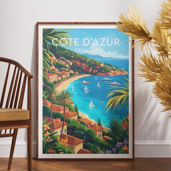 Cote d'Azur France Riviera Sailboats Palm Trees Coast Travel Poster