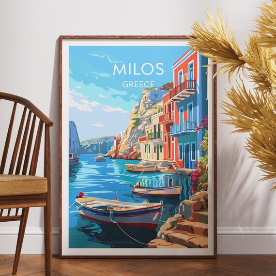 Milos Greece Colorful Harbor Fishing Boats Vintage Travel Poster