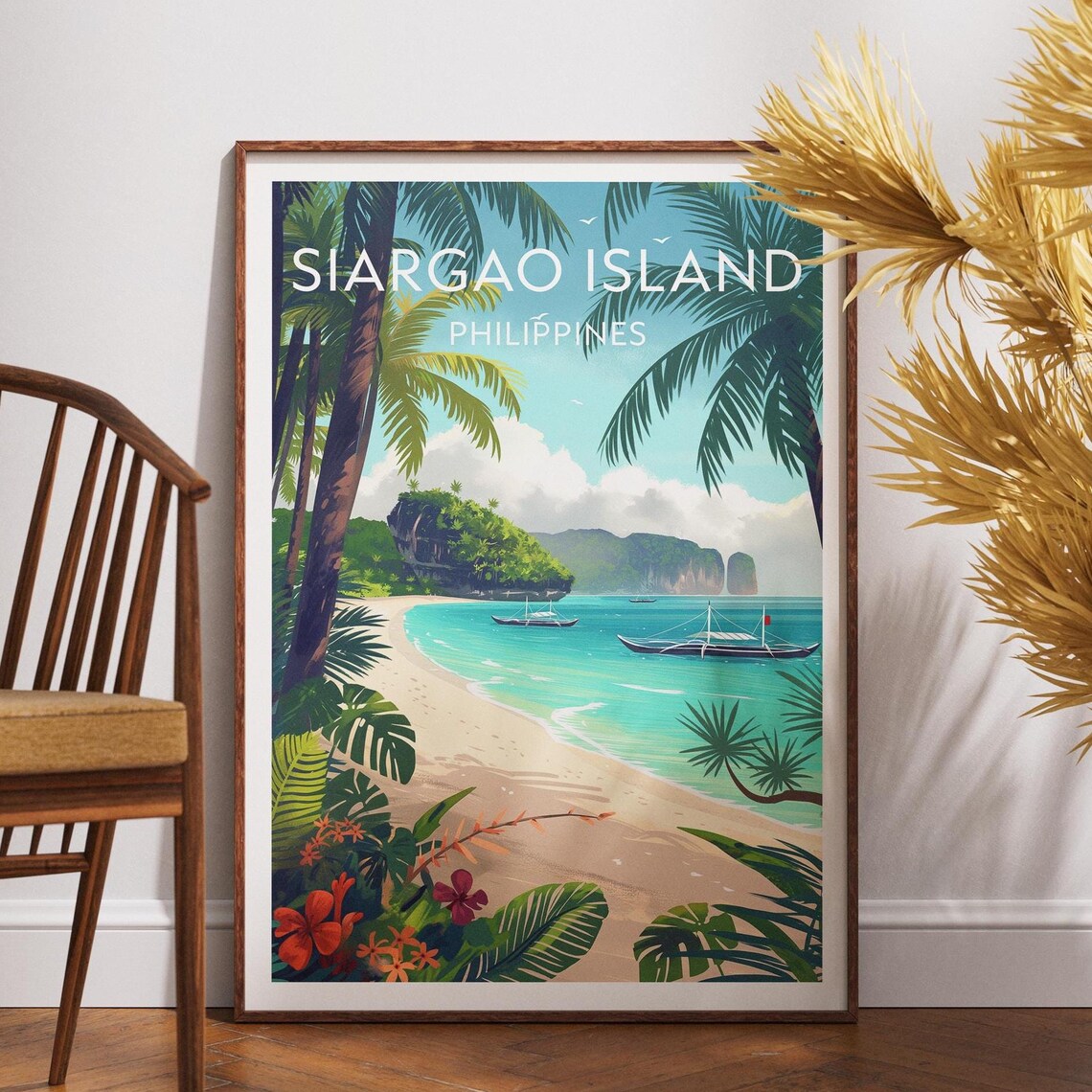 Siargao Island Philippines Beach Palms Boats Travel Poster Art