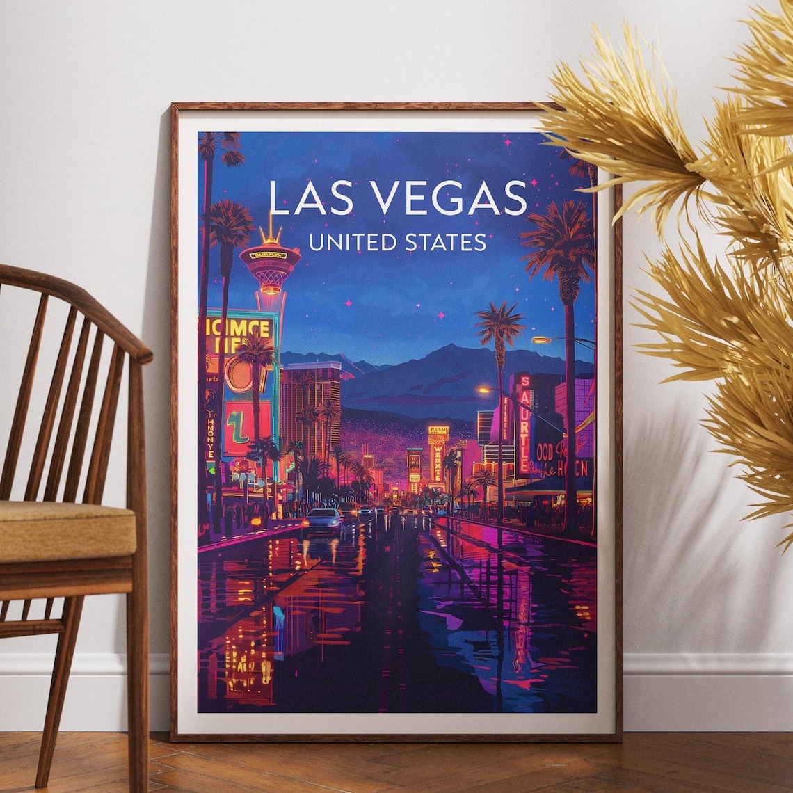 Las Vegas Neon Night Skyline Strip City Vintage Travel Poster Art