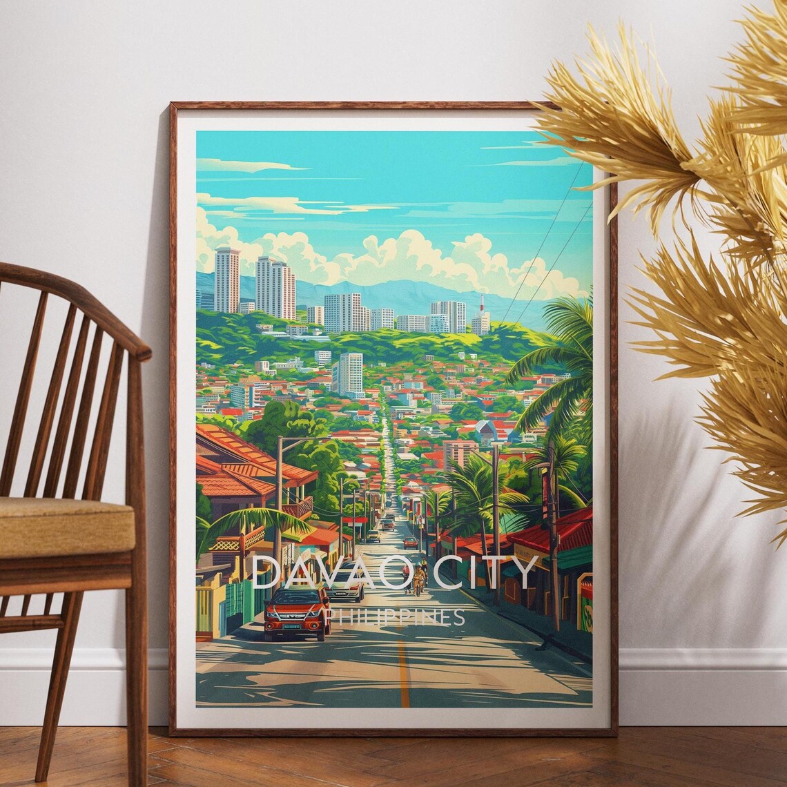 Davao City Philippines Palm Lined Avenue Skyline Travel Poster
