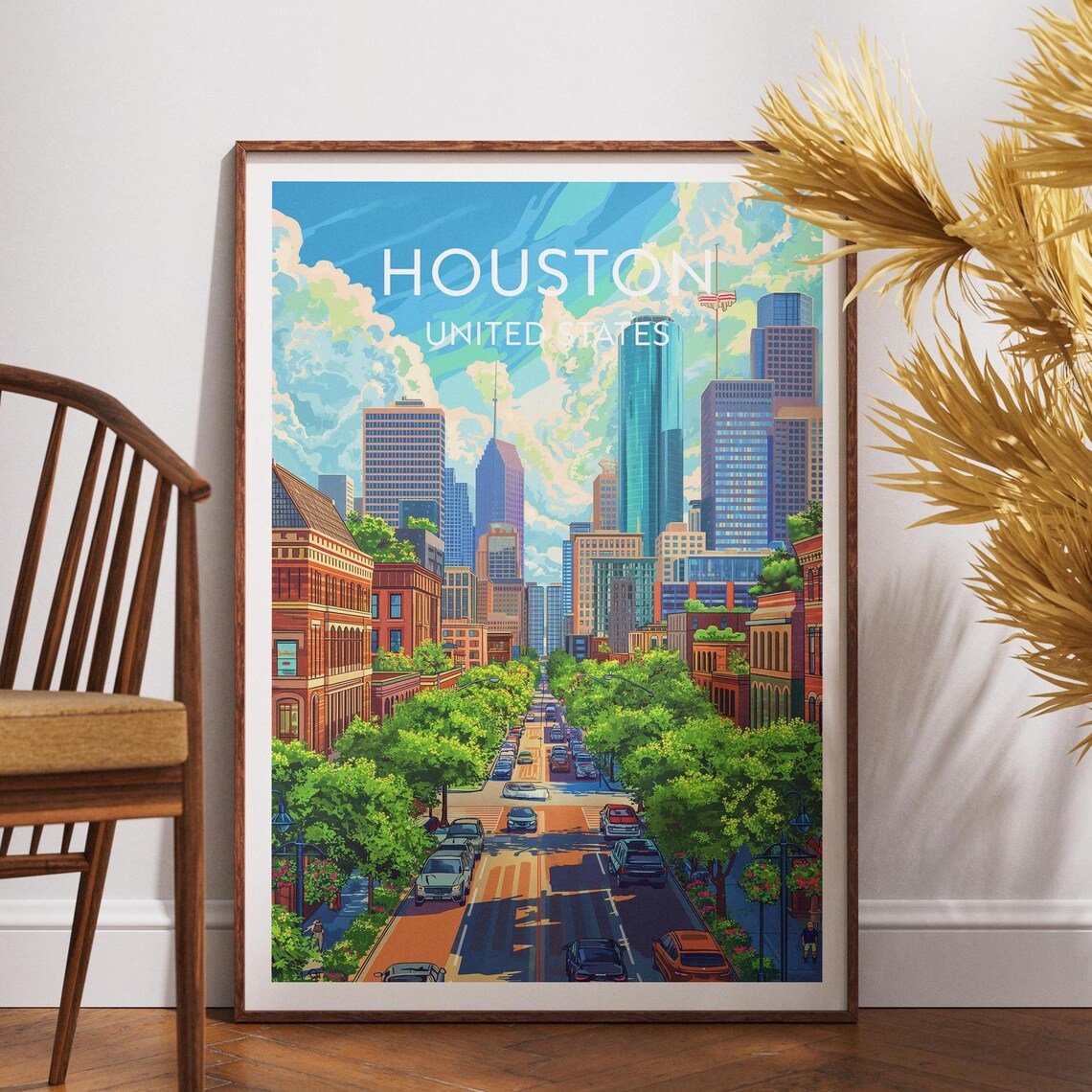 Houston United States Downtown Skyline Street Vibrant Travel Poster