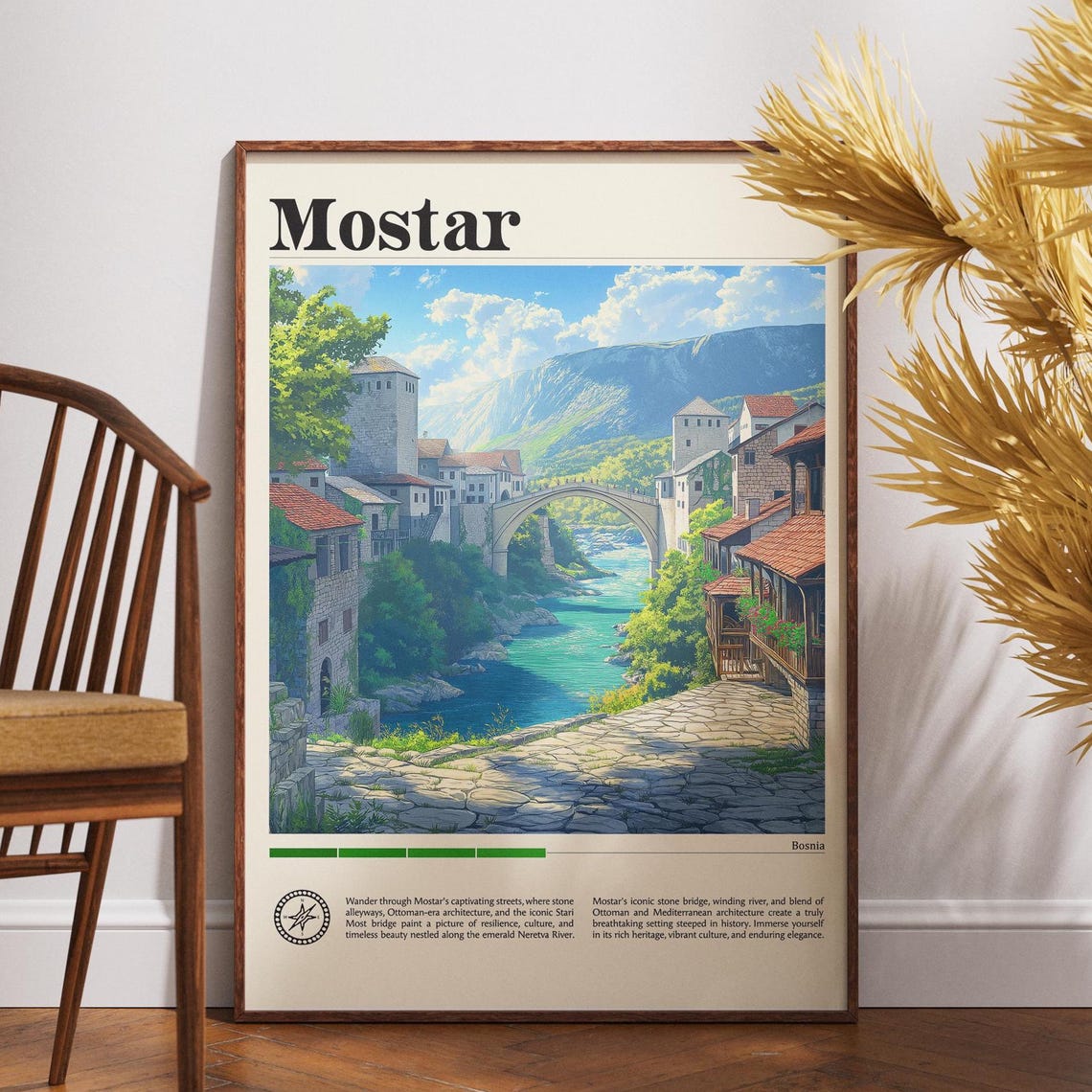 Mostar Bosnia Vintage Travel Art Retro Old Town Adventure Wall Poster
