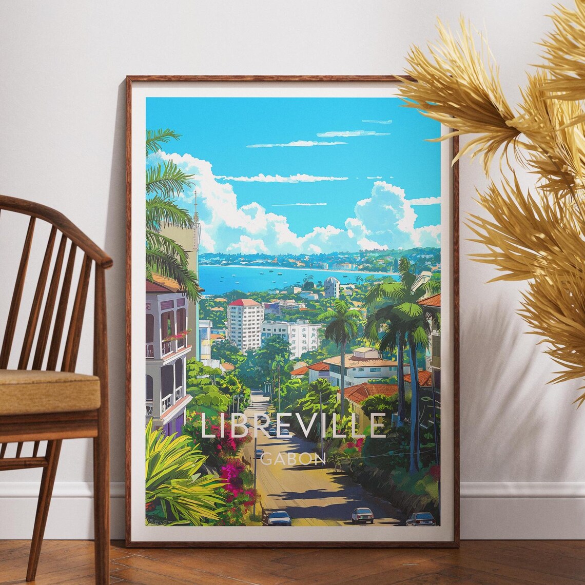 Libreville Gabon Sunny Coastal City Palm Street Travel Poster