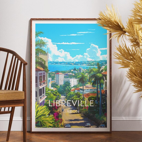 Libreville Gabon Sunny Coastal City Palm Street Travel Poster