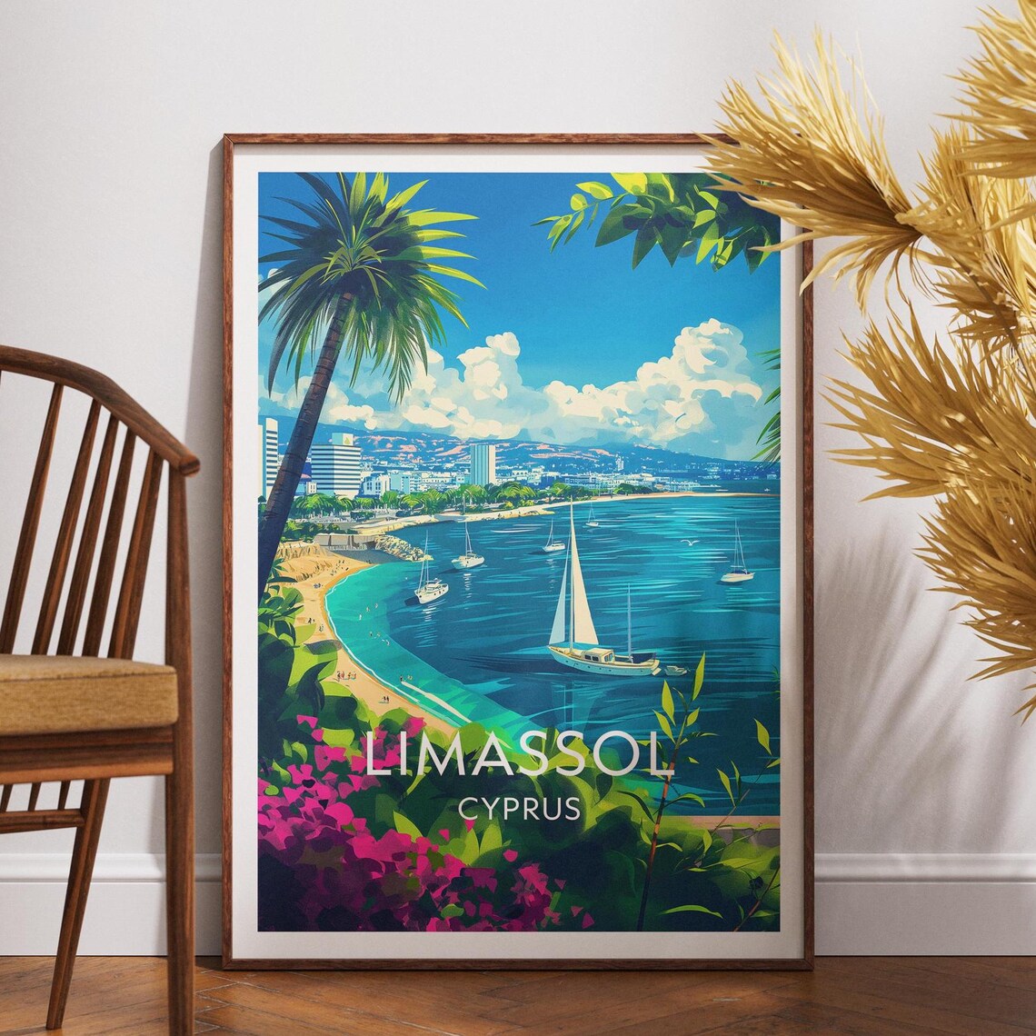 Limassol Cyprus Beach Sailboats Palm Turquoise Coast Travel Poster