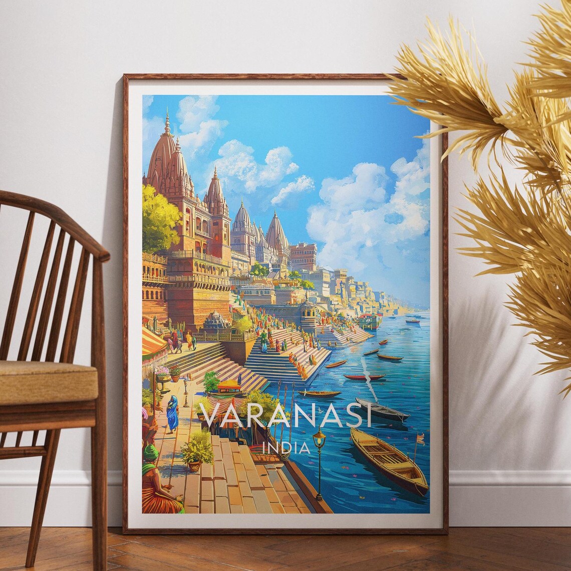 Varanasi India Travel Poster Holy Ganges River Ghat Temples Boats
