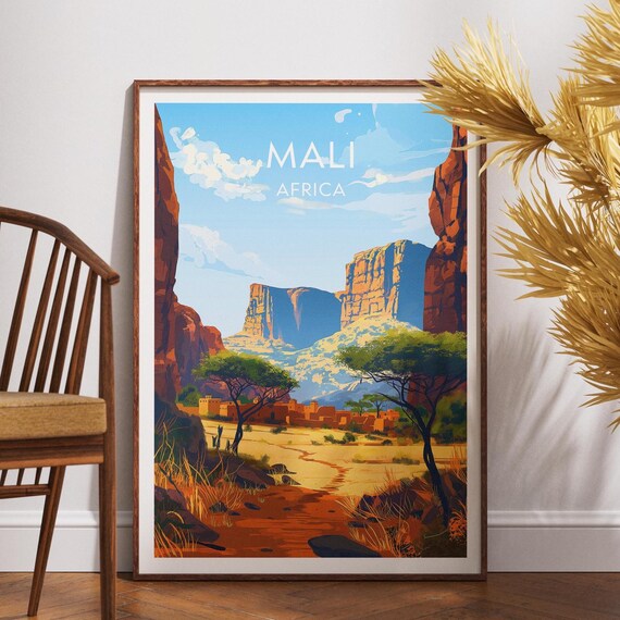 Mali Africa Desert Canyon Village Vintage Style Travel Poster