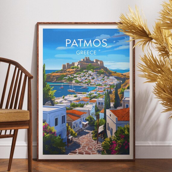 Patmos Greece Hilltop Monastery Village Harbor Travel Poster
