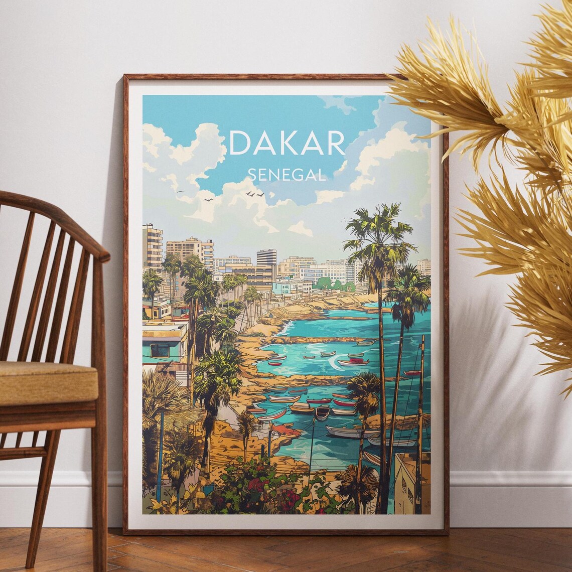 Dakar Senegal Palm Beach Boats Turquoise Coast Vintage Travel Poster