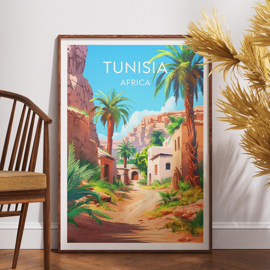 Tunisia Africa Desert Oasis Village Palm Trees Trail Travel Poster