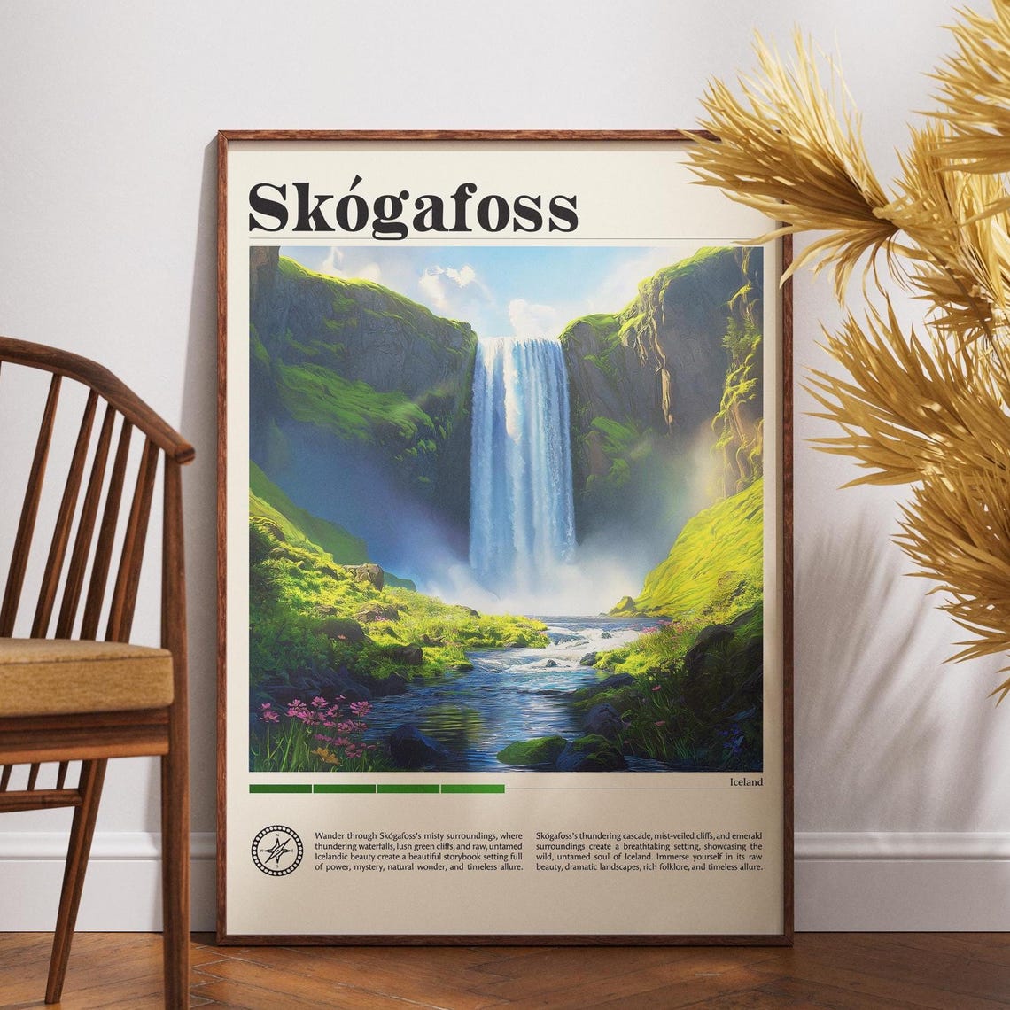 Skogafoss Iceland Waterfall Green Cliff Vintage Travel Poster