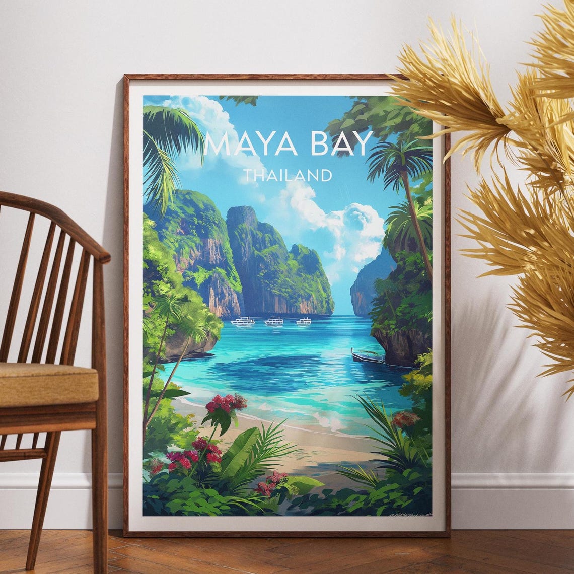 Maya Bay Thailand Karst Cliffs Turquoise Lagoon Longtail Boat Poster